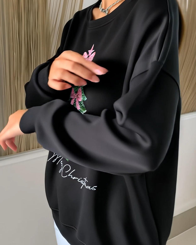 Sweter z długim rękawem z okrągłym dekoltem z nadrukiem świątecznym